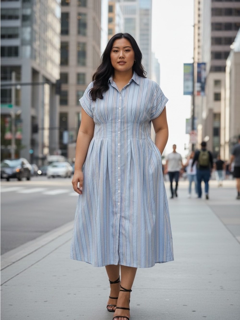Ava and viv Striped Button-Front Midi Dress in Light Blue